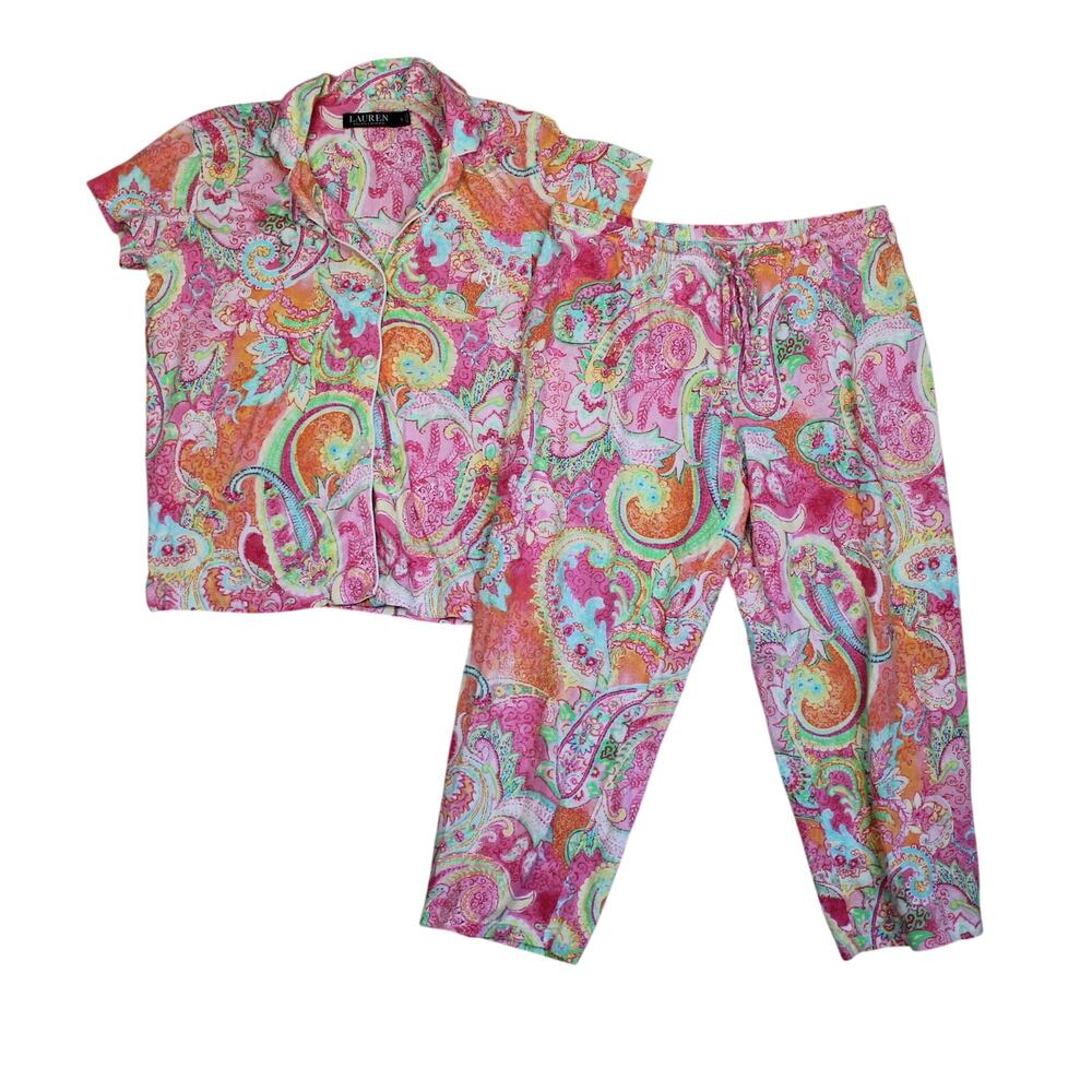 Lauren Ralph Pajama SET Womens Small Pink Paisley Top Pant Button Up Loungewear